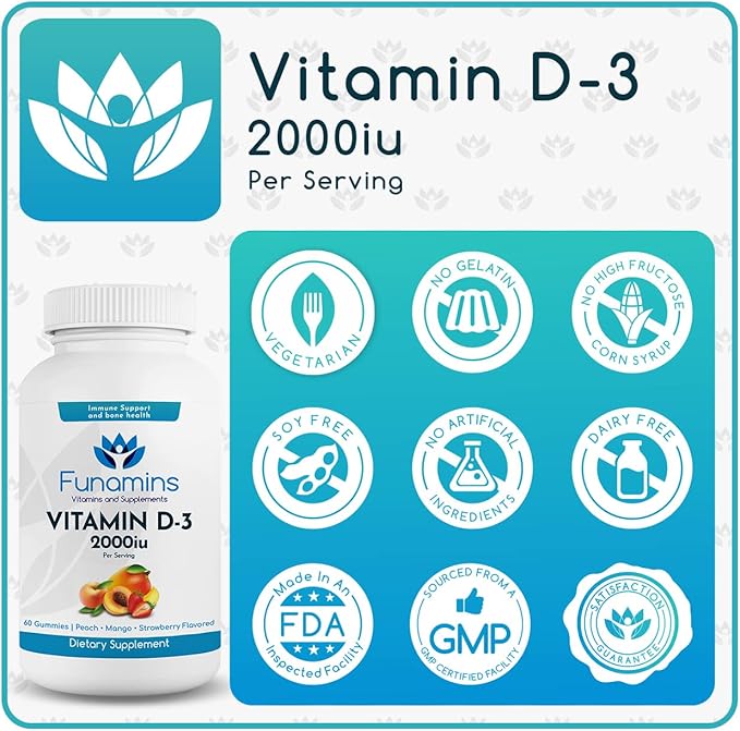 Vitamin D3 Gummies 2-Pack 60 Count Each 2000iu per Serving Supports Immune System and Bone Health for Kids &amp Adults Peach Mango Strawberry Flavors