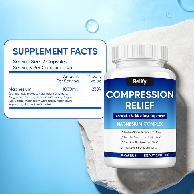 Relify Compression Relief Capsules 1000mg Magnesium Complex Supplement Support Back Spine &amp Discs Reduces Pressure Deeply Hydrating Non-GMO 90 Capsules (1)