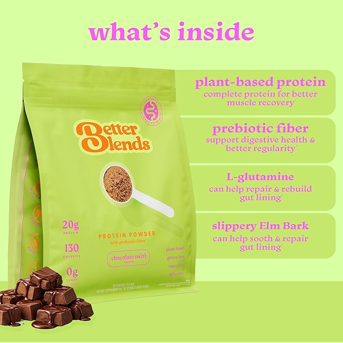 Gut-Friendly Protein Powder for Sensitive Stomachs Low FODMAP 20g Vegan Pea &amp Rice Protein with Prebiotic Fiber Dairy-Free Gluten-Free No Gums or Added Sugar - Chocolate Swirl