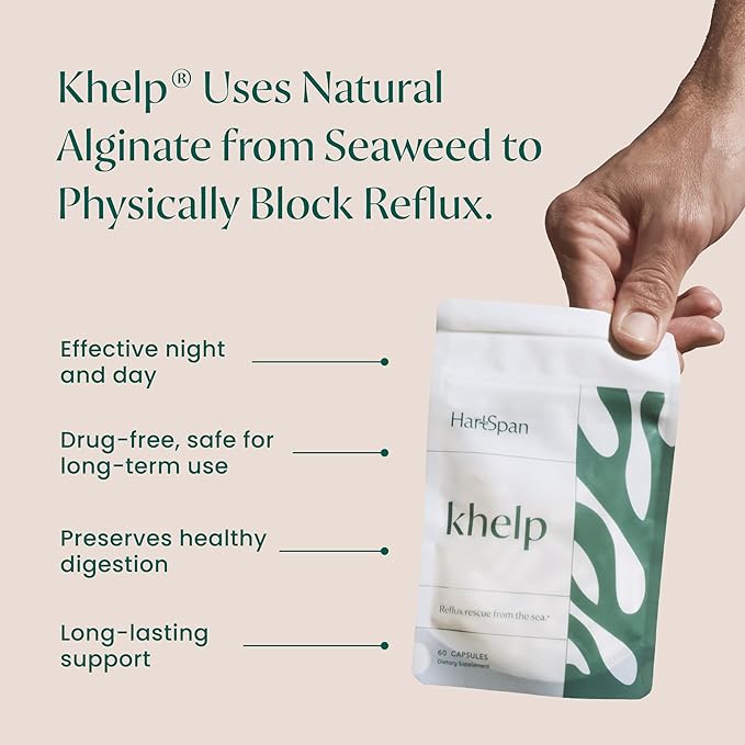 Khelp All-Natural Reflux Support – Premium Alginate Supplement | GERD Heartburn LPR &amp Acid Reflux | Drug-Free Designed for Daily Use | No Dyes or Flavors | 60 Vegan Capsules