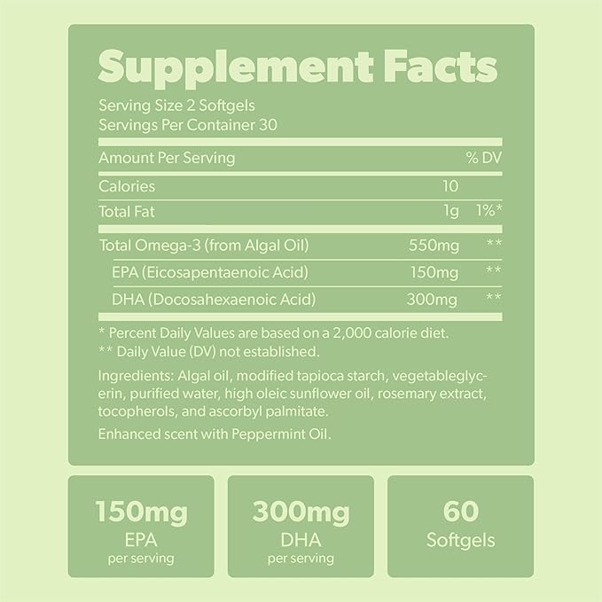 Vegan Omega 3 Supplement - Plant Based DHA &amp EPA Fatty Acids - Carrageenan Free Alternative to Fish Oil Supports Heart Brain Joint Health - Sustainably Sourced Algae - 60 Softgels