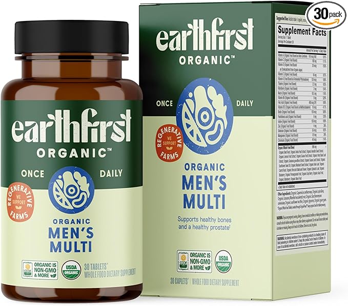 Men’s Multi Once Daily Whole-Food Multivitamin with 19 Vitamins &amp Minerals for Energy Heart Bone Strength Prostate &amp Immune Support Vegan Non-GMO 30 Count