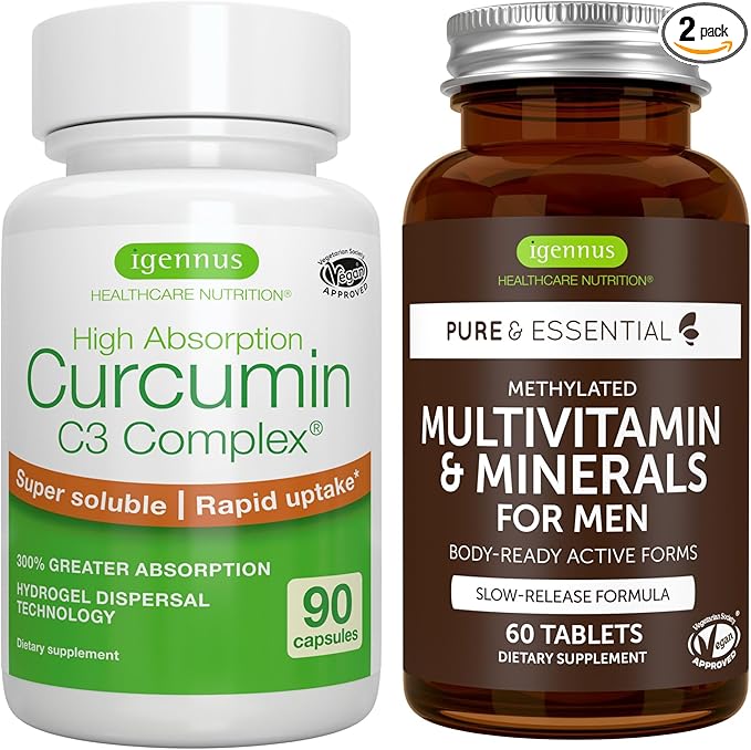 Multivitamin &amp Minerals for Men + High Absorption Curcumin C3 Complex Vegan Bundle Sustained Release Advanced Multivitamin + 300% Greater Absorption Curcuminoids with Rapid Uptake by Igennus
