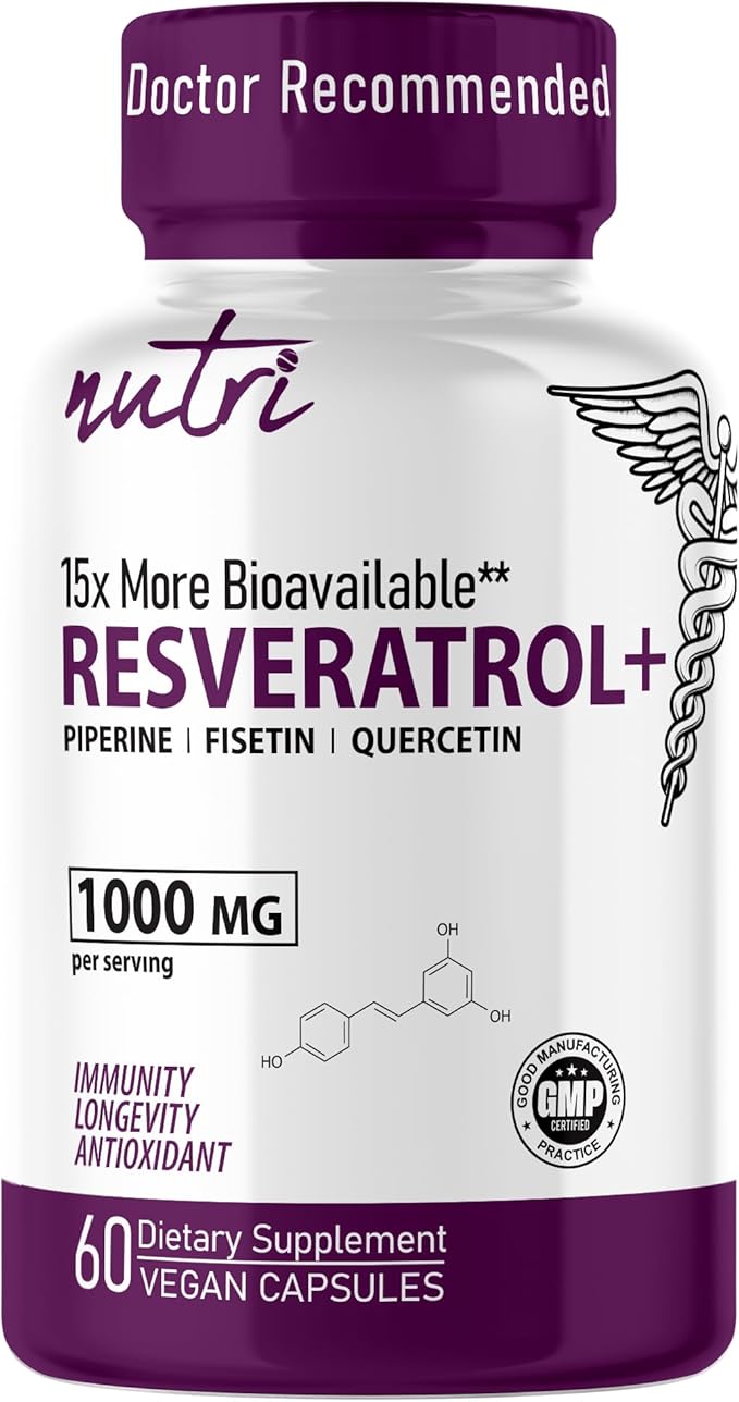 Nutri Resveratrol Supplement 1000mg (Ultra High Purity Trans-Resveratrol) - 15x More Bioavailable with Liposomal Quercetin and Fisetin - Antioxidant Longevity Organic Piperine - 60 Vegan Capsules