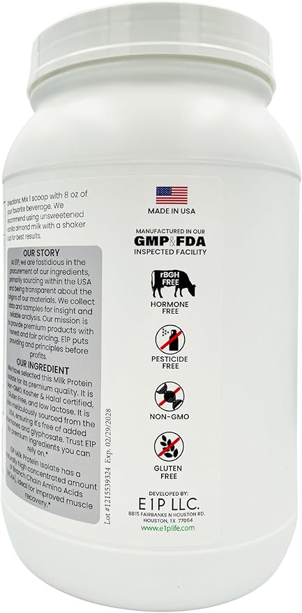 Milk Protein Isolate 2lbs (32 Servings) Unflavored Non-GMO Cold-Processed Non-Denatured Third-Party Lab Tested. Made with Halal and Kosher Certified Ingredients. (2 lbs)