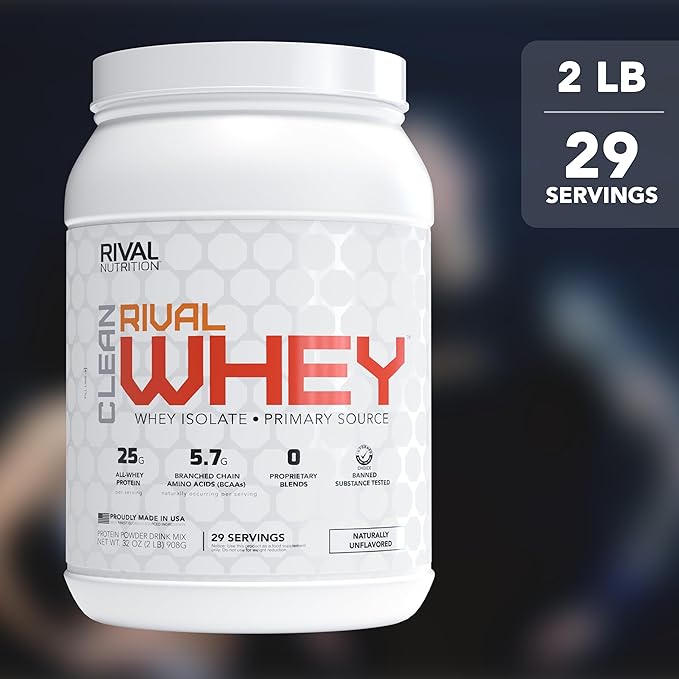 RIVAL NUTRITION Clean Rival Whey – 2LB Unflavored – 100% Whey Protein Powder Whey Isolate Primary Source | 25g Protein Muscle Gain/Recovery | All Natural No Artificial Ingredients - 29 Servings