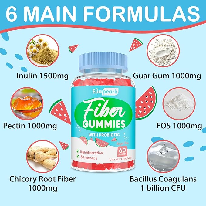 2 Packs - Fiber Gummies for Adults Sugar Free Probiotics &amp Prebiotic Fiber Gummies with Inulin Fos &amp Chicory Root - for Regularity Digestion &amp Gut Health - Vegan Gluten Free 120 Coun