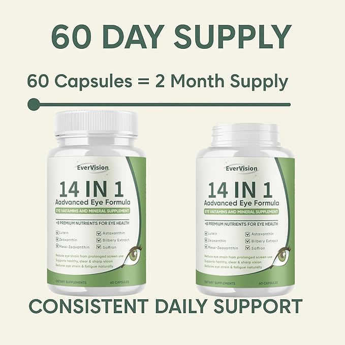 14 in 1 Advanced Eye Formula - Eye Vitamins &amp Minerals Supplement with Lutein Zeaxanthin Astaxanthin Bilberry Zinc 14-in-1 Formula for Eye Health Support - 60 Capsules (1)