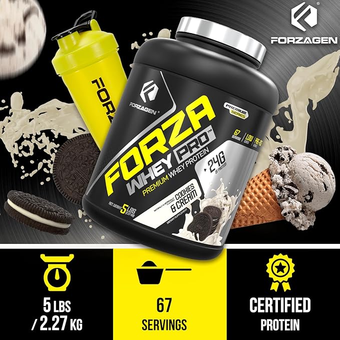 Forzagen Whey PRO Low Carb Protein Powder | 24g of Protein per Serving Low-Sugar Premium Whey for Shakes &amp Mixes for Men &amp Women BCAA | Cookies &amp Cream 5 lbs. (67 Servings)