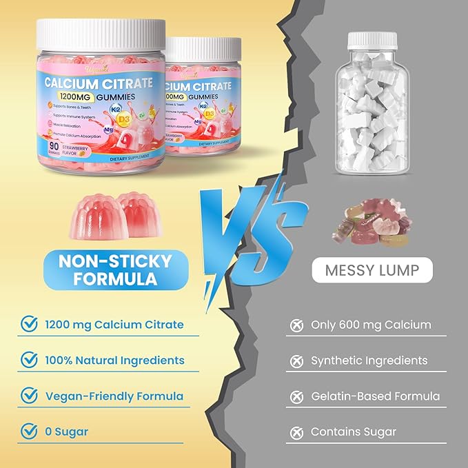 2 Pack Calcium Citrate Magnesium Zinc 1500mg for Kids &amp Adults Sugar-Free D3 K2 (MK-7) B6 Multivitamin Chewable Gummies Extra Strength-Ultimate Absorption for Bone Muscle Teeth Immune Vegan 180 C
