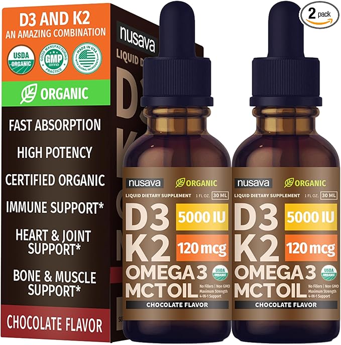 (2 Pack) Organic Vitamin D3 K2 Drops with MCT Oil Omega 3 5000 IU Maximum Strength Vitamin D Liquid No Fillers Non-GMO Liquid D3 for Faster Absorption and Immune Support (Chocolate 2 Fl Oz)