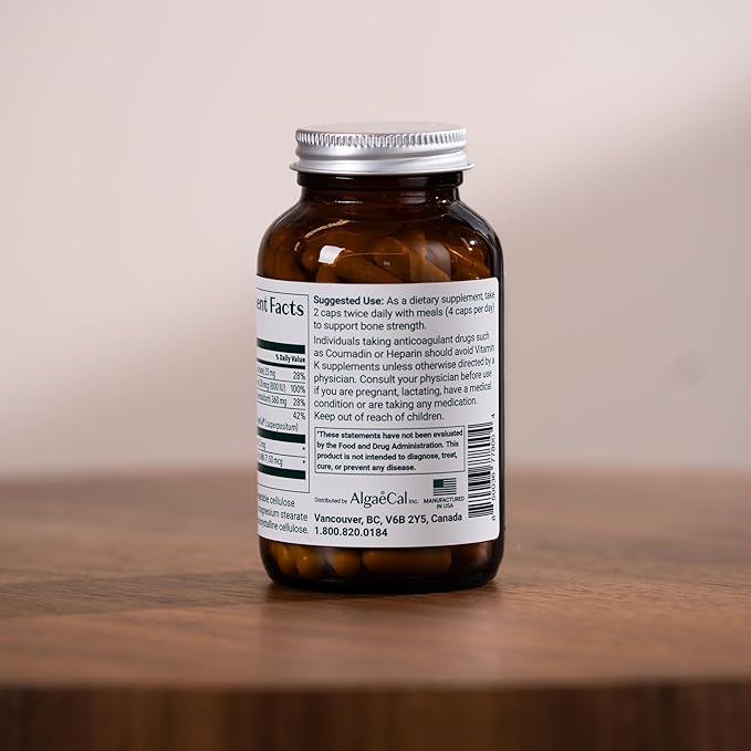 ALGAECAL Organic Red Algae Calcium Supplement for Bone Density &amp Strength Vitamin K2 MK7 (100mg) Vitamin D3 (1600 IU) Magnesium (350mg) &amp Trace Minerals Easy to Swallow 120 Veggie Caps