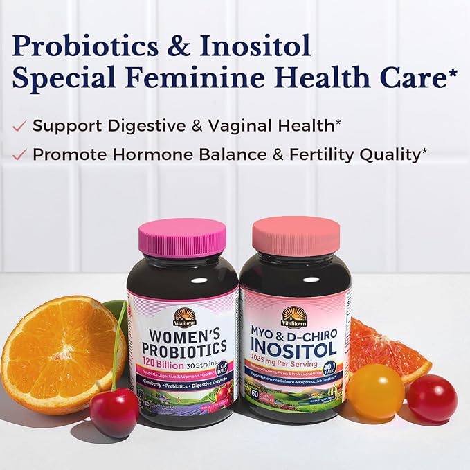 Vitalitown Women's Complete Health Bundle - Probiotics 120 Billion CFUs 30 Strains + Cranberry + Myo-Inositol &amp D-Chiro Gut Health Vaginal Health &amp Hormone Balance Support Vegan