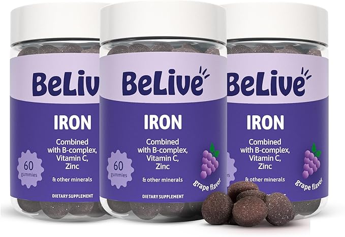 BeLive Iron Gummies - Multivitamin Iron Supplement with Vitamin C A B &amp Zinc Supports Blood Oxygen Vegan Supplements for Women Men &amp Kids for Growth and Development - Grape Flavor | 3-Pac