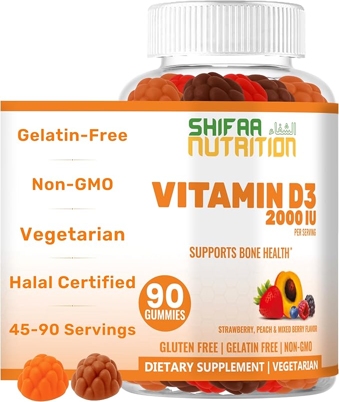 SHIFAA NUTRITION Vegetarian Vitamin D3 Gummies for Adults &amp Kids | 45-90 Servings 2000IU / 1000IU | Non-GMO Gluten-Free Gelatin-Free | Supports Bones Muscles &amp Immune System Halal Vitami