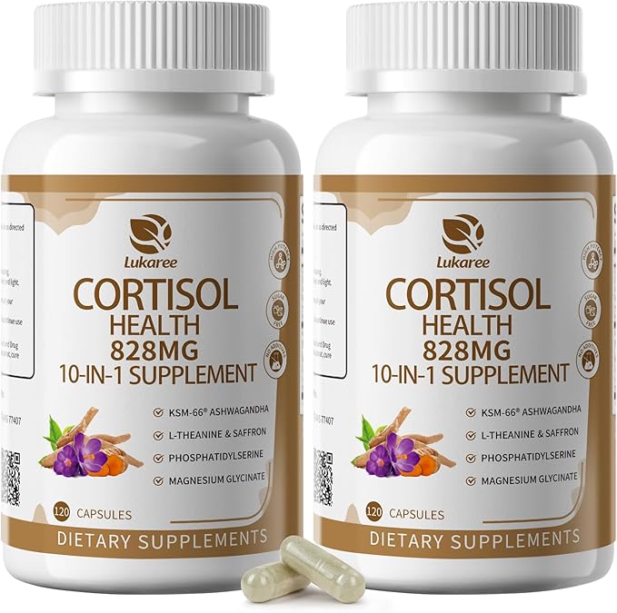 10-IN-1 Cortisol Supplements w/ KSM-66® Ashwagandha 300mg + L-Theanine 250mg Magnesium Glycinate Saffron Phosphatidylserine Turmeric &amp Vitamin C D3 B6 B5 For Women Men 120 Capsules 2 Pack