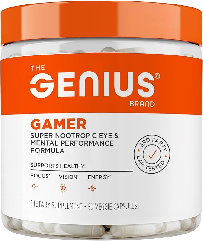 Genius Gamer Gaming Focus Supplement 80 Pills - Elite Nootropic Performance Booster - Boost Brain &amp Mental Clarity Reaction Time &amp Concentration - Blue Light Support with Lutemax