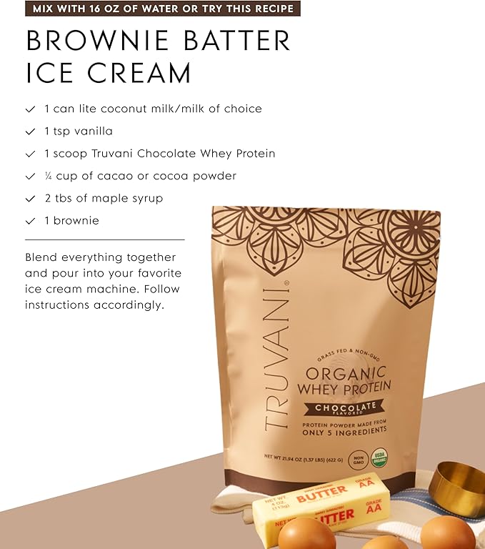 Truvani Organic Whey Protein Powder | Chocolate | 20g Grass Fed Whey Protein | 20 Servings | USDA Organic &amp Non-GMO | Gluten Free | No Gums No Soy No Stevia No Added Sugars