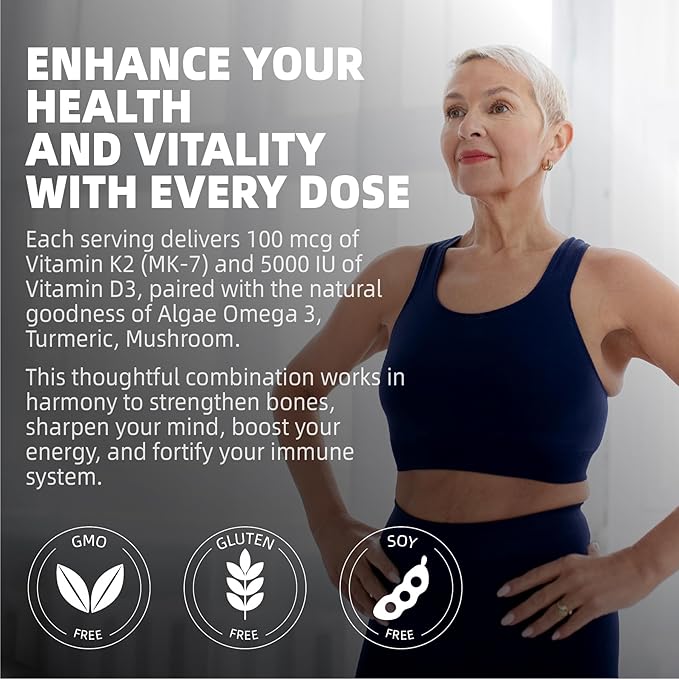 Vitamin D3 5000iu(125mcg) + Vitamin K2(MK7) Gummies with Algae Omega 3 | Maximum Strength Vitamin D3+K2 | for Bone Teeth Energy Immune Calcium Absorption - Vegan Sugar Free120Ct