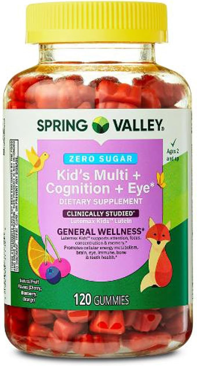 H4U Spring Valley Zero Sugar Kid’s Multi + Cognition + Eye Gummy Natural Fruit Flavors 120 Count