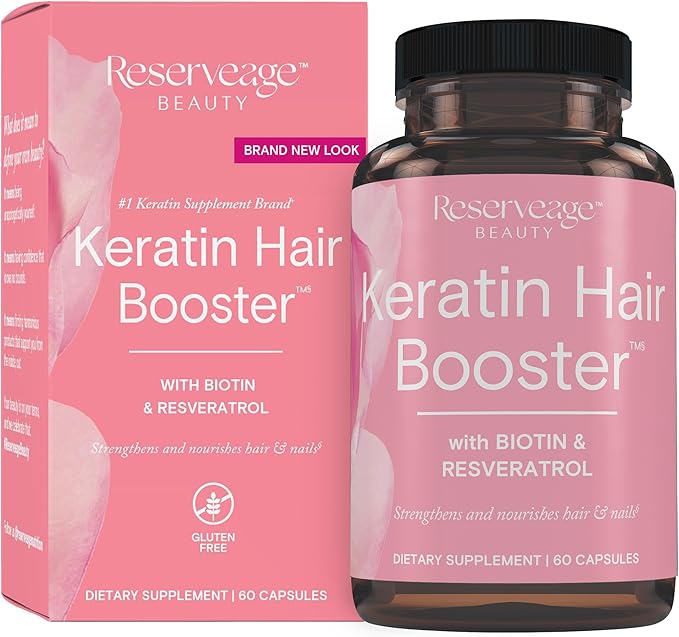 Reserveage Beauty Keratin Hair Booster with Biotin &amp Resveratrol - Hair &amp Nail Growth Supplement for Women - Supports Healthy Thickness &amp Shine with Biotin - 60 Capsules (30 Servings)