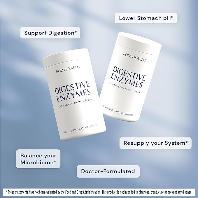 BodyHealth Digestive Enzymes Full Spectrum Digestive Support (180 caps) Betaine Pepsin Pancreatin BPP Loaded with Enzymes and Probiotics Relief for Stomach Bloating Heartburn Gas Constipation