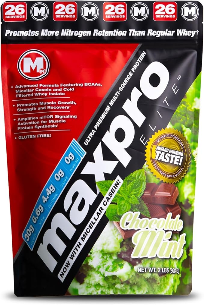 Max Muscle Maxpro Elite | 30g Protein | 6.6g BCAAs | Micellar Casein Cold Filtered Whey Isolate Protein Concentrate | Promotes Muscle Growth Strength and Recovery (Chocolate Mint 2lb)