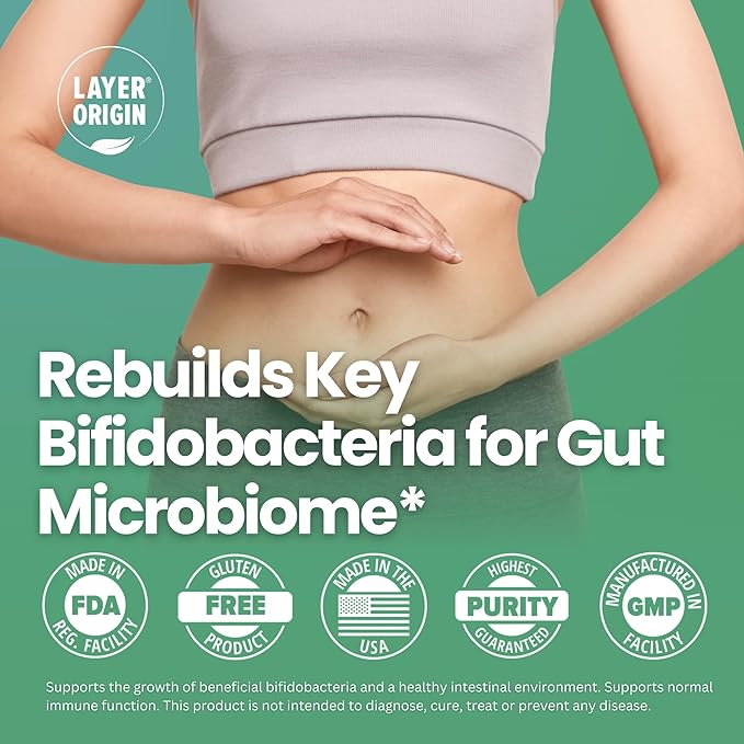 Layer Origin PureBifido Probiotics with 5 Strains of Bifidobacteria for Seeding Gut Microbiome and Boosting Your Gut Health 30 Servings HMO-Prebiotic Responding Strains