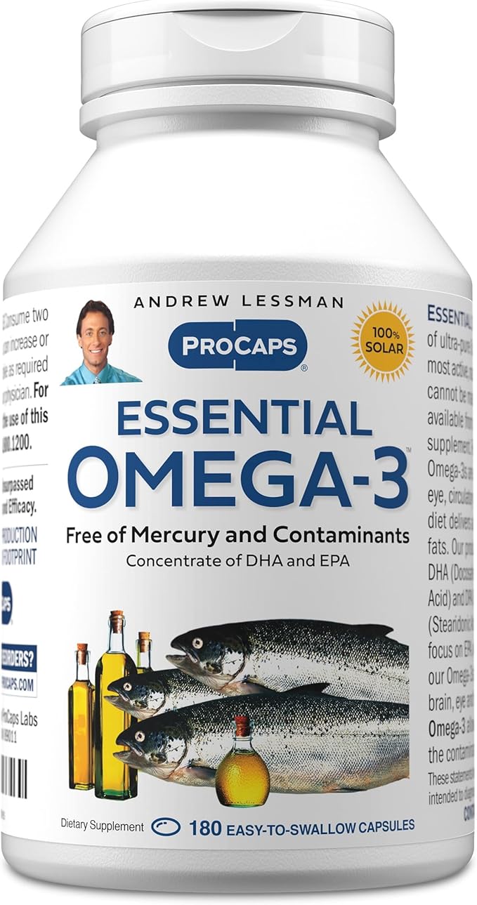 ANDREW LESSMAN Essential Omega-3 Unflavored - 180 Softgels - Ultra-Pure High Potency Omega-3 Oils. High DHA No Stomach Upset No Contaminants No Mercury. Small Easy to Swallow Softgels