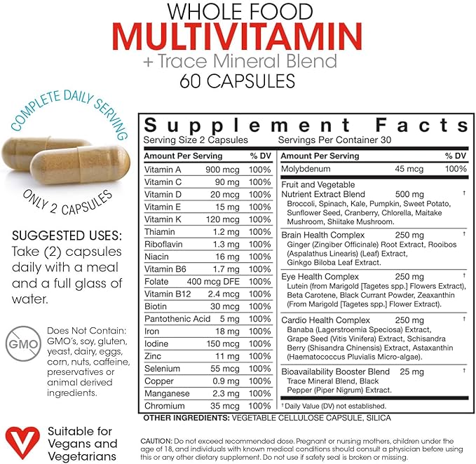 Silver Fern Whole Food Daily Multi Vitamin w/Trace Mineral Blend Supplement - 4 Bottles - 60 Vegicaps Each - 120 Day Supply - Natural Non-GMO Vegan Multivitamin - Zero Synthetics