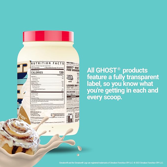 GHOST Whey Protein Powder Cinnabon - 2LB 25G of Protein - Cinnamon Roll Flavored Isolate Concentrate &amp Hydrolyzed Whey Protein Blend - Post Workout Shakes - Soy &amp Gluten Free