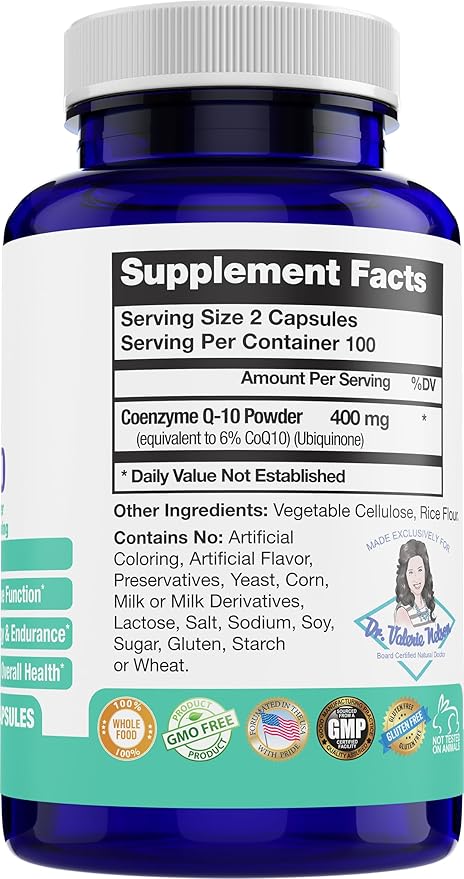 CoQ10 400 MG Per 2 Caps - Ubiquinone - Excellent Value - Heart Brain &amp Cellular Supplement - Energy Support - 200 Caps in Bottle - by Foxxy Doc