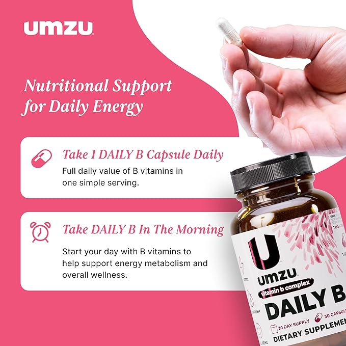 UMZU Daily B 30 Day Supply – Complete Vitamin B Complex Supplement Blend with B1 B2 B3 B5 B6 B7 B9 &amp B12 Plus Folic Acid &amp Biotin – Supports Energy Focus Mood Metabolism &amp Overal