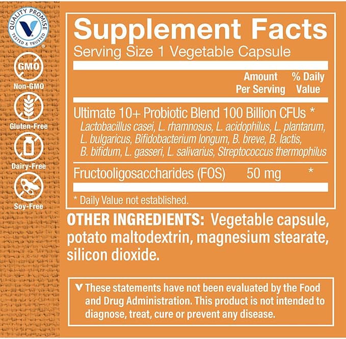 The Vitamin Shoppe Ultimate 10+ Probiotics 100 Billion CFU - 10 Probiotic Strains for Digestive Health Immune &amp Gut Support (30 Vegetable Capsules)