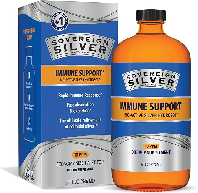 Sovereign Silver Immune Support - Colloidal Silver Bio-Active Silver Hydrosol 10 ppm Liquid Twist Top 32 Fl Oz (946 mL)