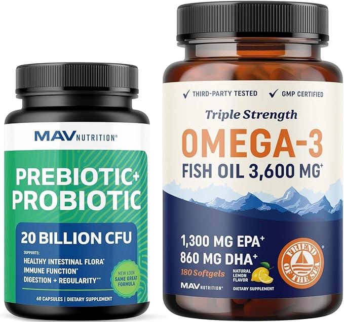 Omega 3 Fish Oil and Probiotic Capsules | Triple Strength EPA &amp DHA Omega 3 Burpless Softgels Plus Probiotic &amp Prebiotic Capsules for Gut Health &amp Immune Support | 60 Servings Each