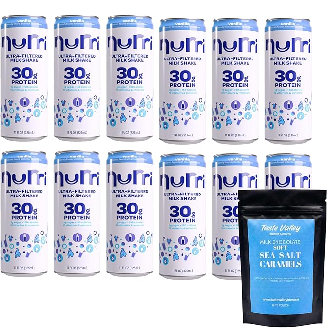 Nurri Ultra-Filtered Protein Shakes (12 Pack Vanilla) – 30g Protein 150 Calories 1g Sugar – Lactose Free Ready to Drink Recovery – Bundled with Taste Valley Soft Sea Salt Caramels Gift Pouch