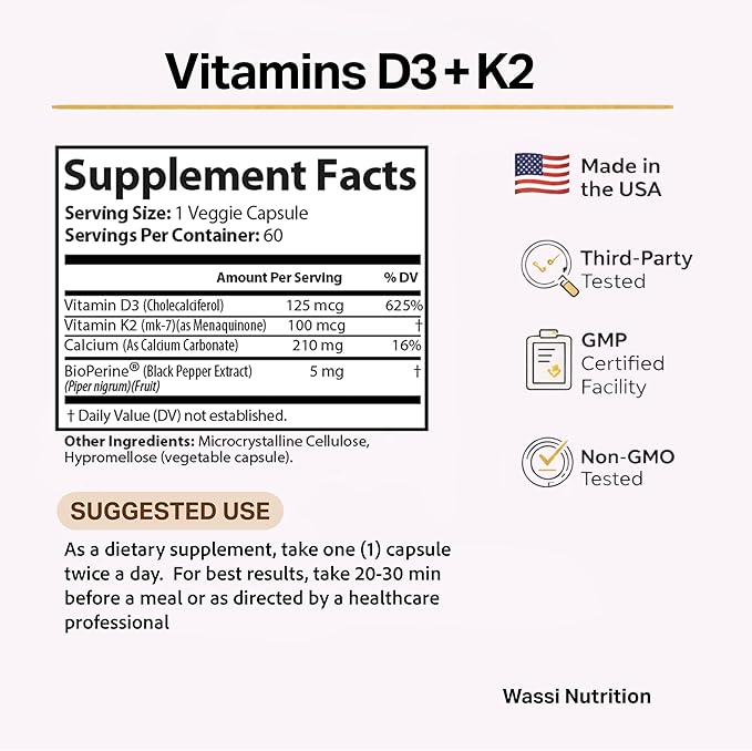 Vitamin D3 + K2 (MK-7) Capsules 5000 IU Vitamin D3 with Calcium &amp BioPerine® Bone &amp Heart Support Formula Non-GMO Gluten-Free 60 Capsules