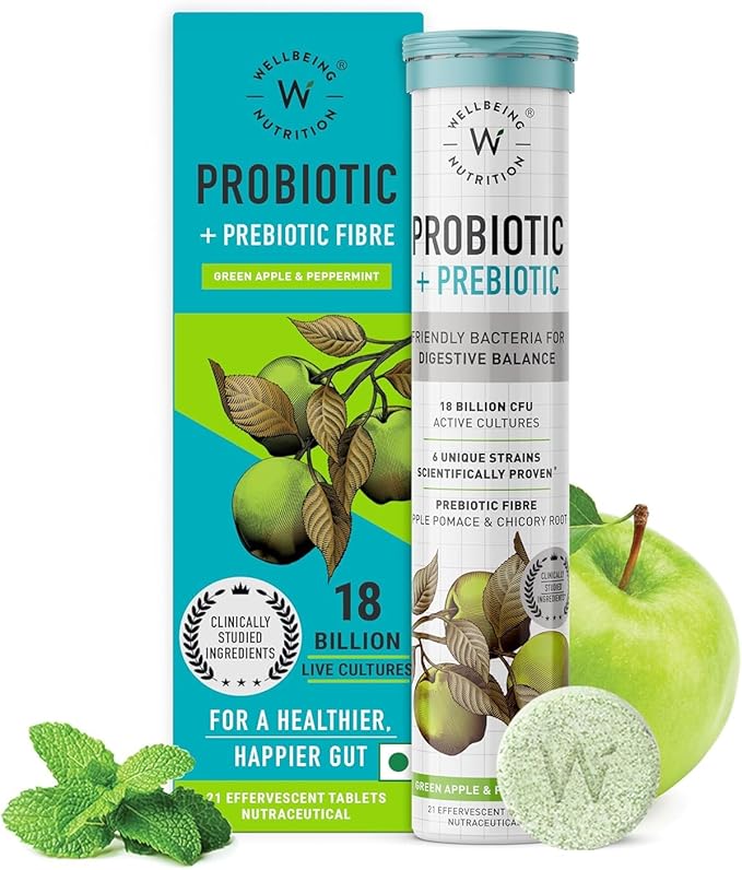 Wellbeing Nutrition Daily Probiotics + Prebiotics | Improve Metabolism Acidity Relief Digestion &amp Gut Health | 18 Billion CFU Organic Probiotics Supplement for Men &amp Women (21 Effervescent T