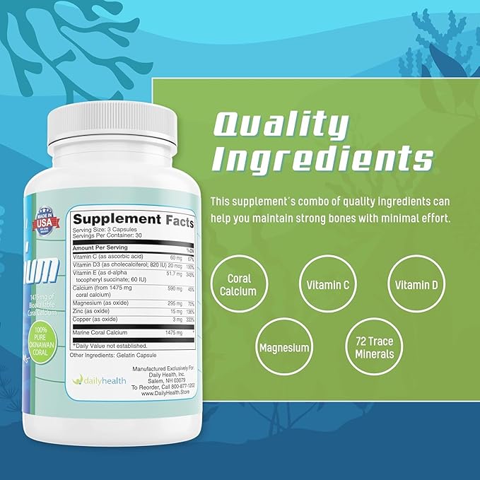Daily Health - Pure Okinawa Coral Calcium - Marine-Grade Supplement with 72 Trace Minerals - 1475mg 1080 Vegetable Capsules (12 Month Supply)
