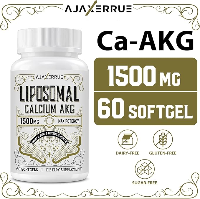 Liposomal Calcium AKG Supplement 1500 MG (Alpha-Ketoglutaric Acid) More Effective Than AAKG Ca AKG for Longevity Age Defense Cellular Energy Metabolic Function 120 Softgels