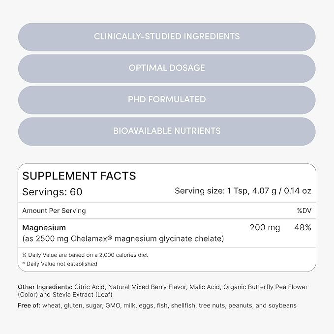 Magnesium Glycinate Powder 200mg | High Absorption Chelated Bisglycinate with Organic Butterfly Pea Flower | Supports Stress Relief Calm &amp Sleep | 8.6 oz 60 Servings