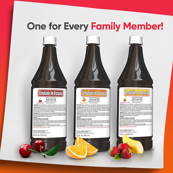 Emulsion de Escocia Cod Liver Oil Liquid for Kids – Cherry Orange &amp Strawberry Banana – Omega 3 Vitamins A D E &amp B1 – Dietary Supplement – 6.5 Fl Oz | 3-Pack