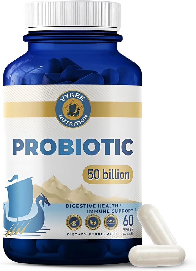 Vykee Nutrition Daily Probiotic Capsules 50 Billion CFU with Prebiotic and 11 Strain Formula for Digestive Support and Wellness - Vegan Non GMO - 60 Capsules