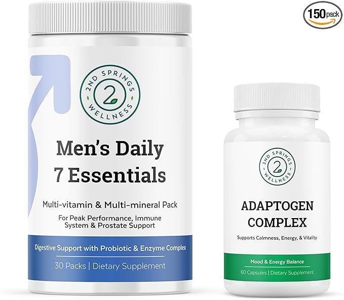 Men's Daily 7 Essentials &amp Adaptogen Complex Bundle - Complete Multivitamin Pack and Stress Adaptation Support for Men's Optimal Health