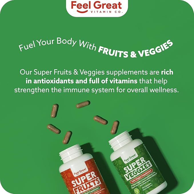 Feel Great Fruit and Vegetable Supplements | 20+ Super Reds &amp Greens for Natural Energy Support | Vegan Fruit and Veggie Vitamins | 2 Pack of 90 Count Each