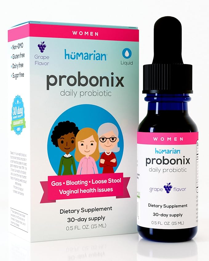 Probonix Humarian Liquid Probiotics for Women - 12-Strain Probiotic Drops to Fortify Women’s Gut Health Vaginal Health Immunity and Overall Wellness - 30-Day Supply - Delicious Grape Flavor