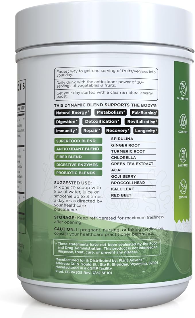 Premium Supergreens and Superfruits Powder with Digestive Enzymes and Probiotics (Strawberry &amp Kiwi). Manufactured by NutriDyn.