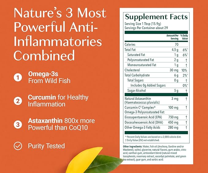 ALGAECAL Triple Power 1200mg EPA &amp DHA Omega 3 Fish Oil Supplement Supporting Brain Heart Skin &amp Bones Liquid Emulsion Mango Taste Burp-Less Sugar-Free Made in USA