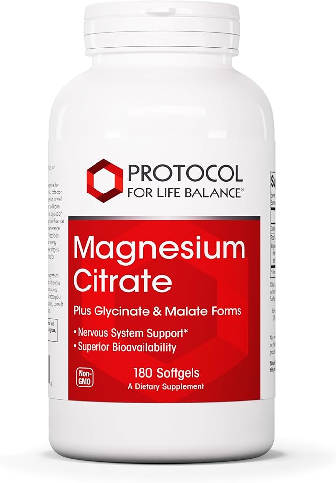 Protocol for Life Balance Magnesium Citrate Plus Glycinate &amp Malate - Support Heart Health &amp Bone Formation - Bioavailable Dietary Supplement - Halal - 180 Softgels